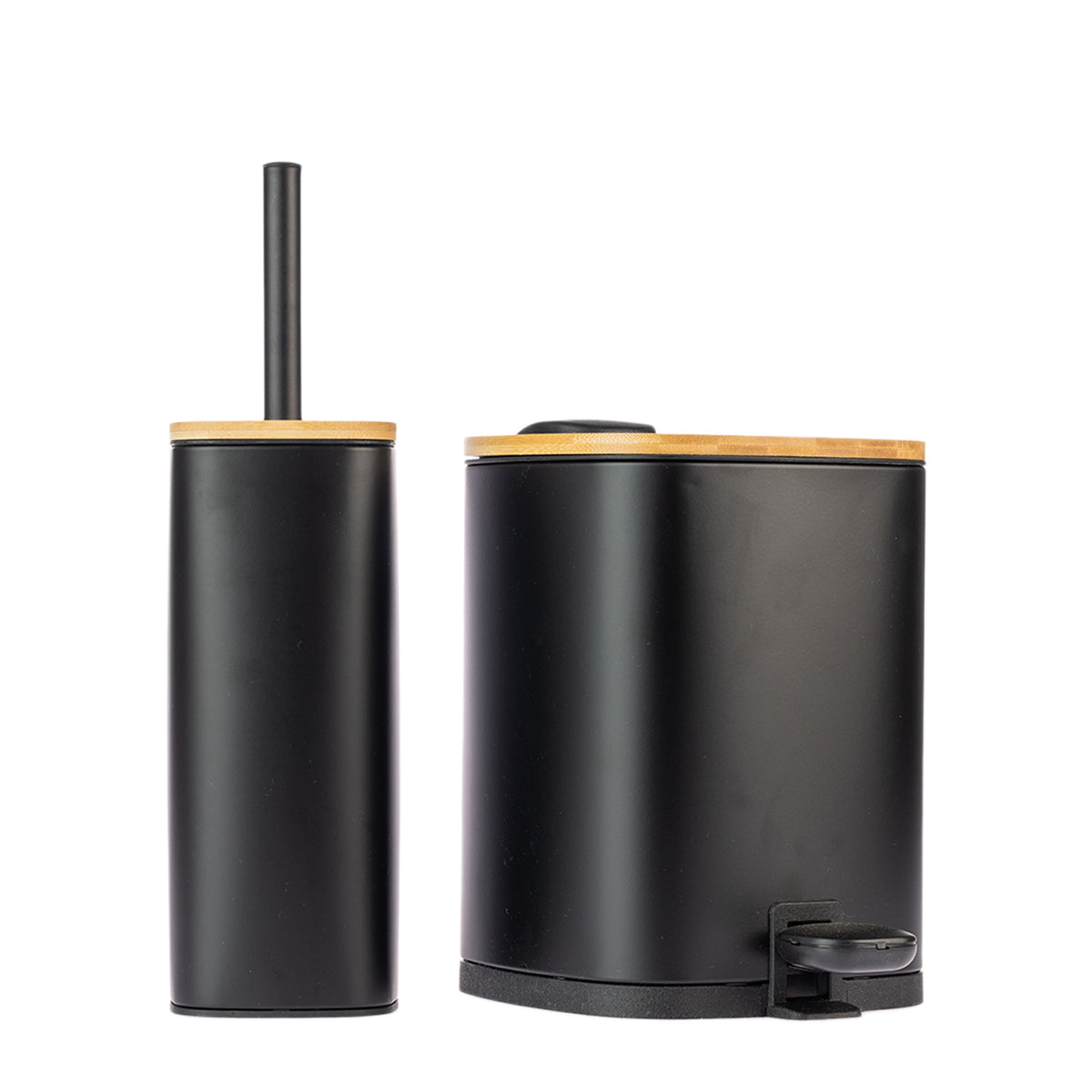 Home Co. Quinn Square 3L Bin and matching toilet brush holder in Black, featuring bamboo-look lids and coordinating black details.
