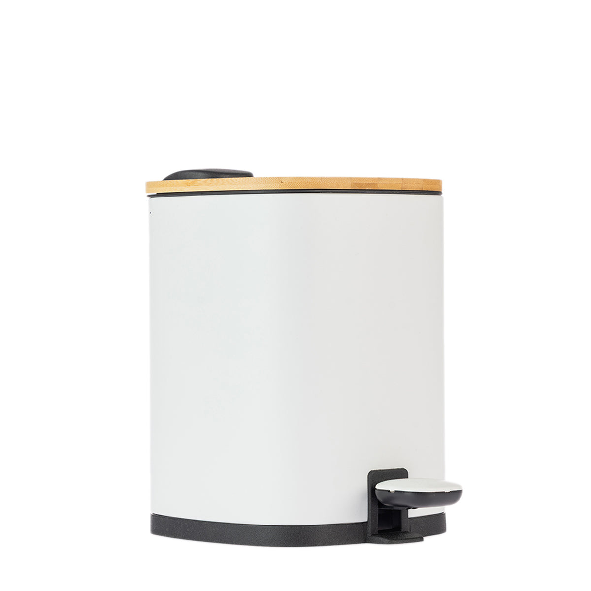 Home Co. Quinn Square 3L Bin in White, featuring a bamboo-look lid, black base and foot pedal.