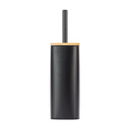Home Co. Quinn Square Toilet Brush Holder in Black, featuring a slim rectangular design with a bamboo-look lid and matching black handle.