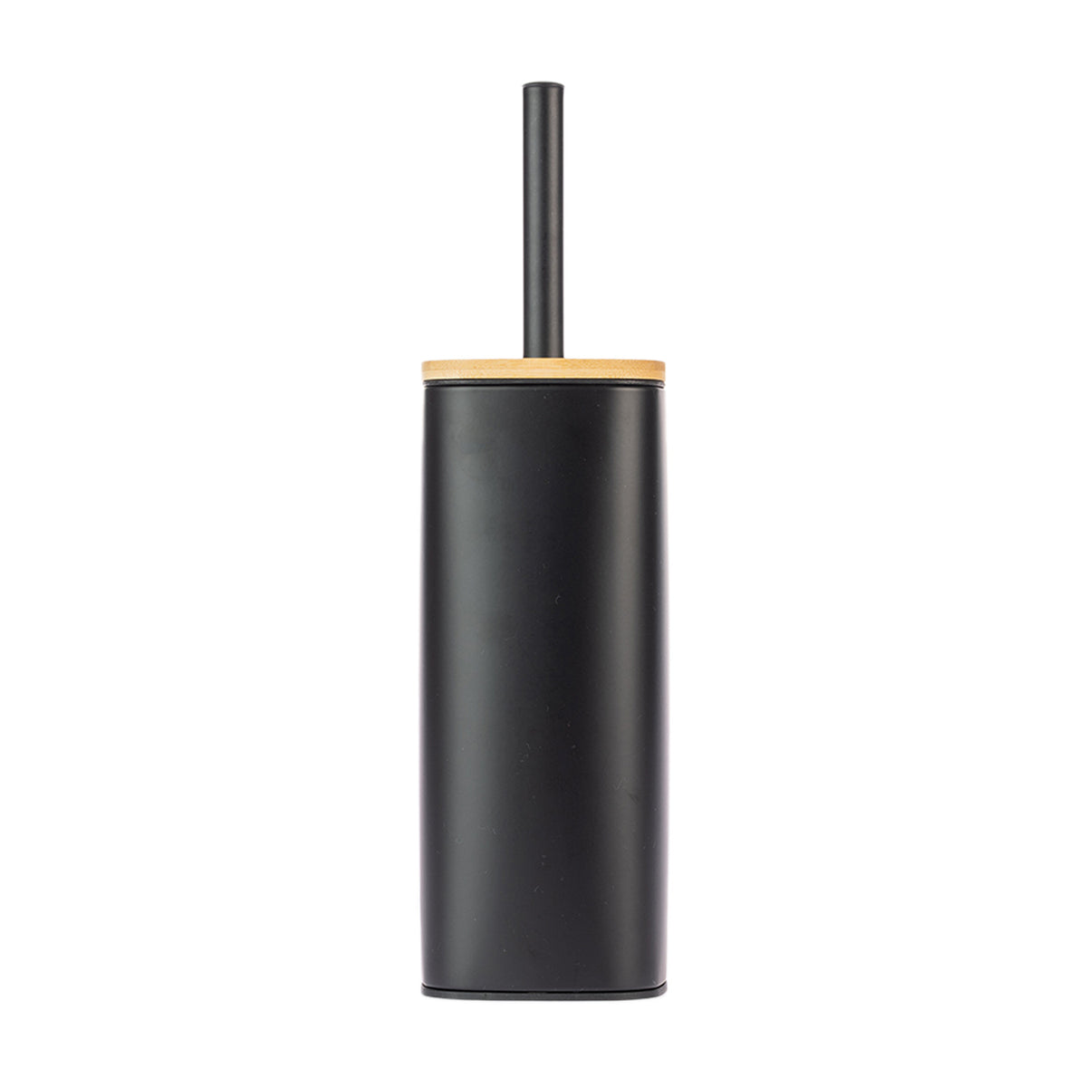 Home Co. Quinn Square Toilet Brush Holder in Black, featuring a slim rectangular design with a bamboo-look lid and matching black handle.