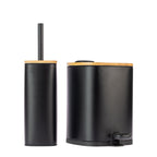 Home Co. Quinn Square Toilet Brush Holder and matching 3L Bin in Black, featuring bamboo-look lids and contrasting black details.