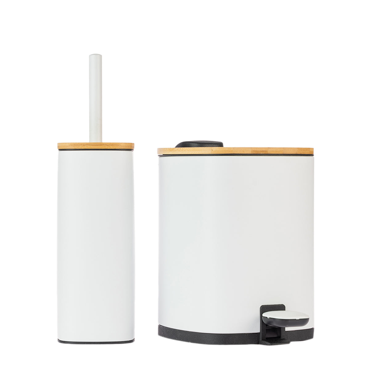 Home Co. Quinn Square Toilet Brush Holder and matching 3L Bin in White, featuring bamboo-look lids with contrasting black details.