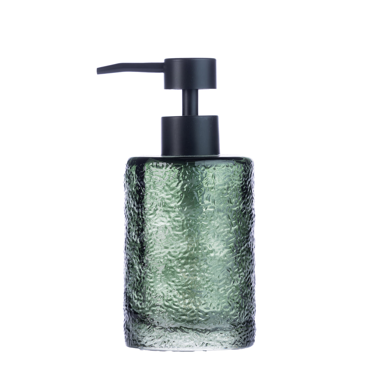 Design Republique Ginny Textured Glass Soap Dispenser in green, featuring a textured glass body and matte black pump against a white background.