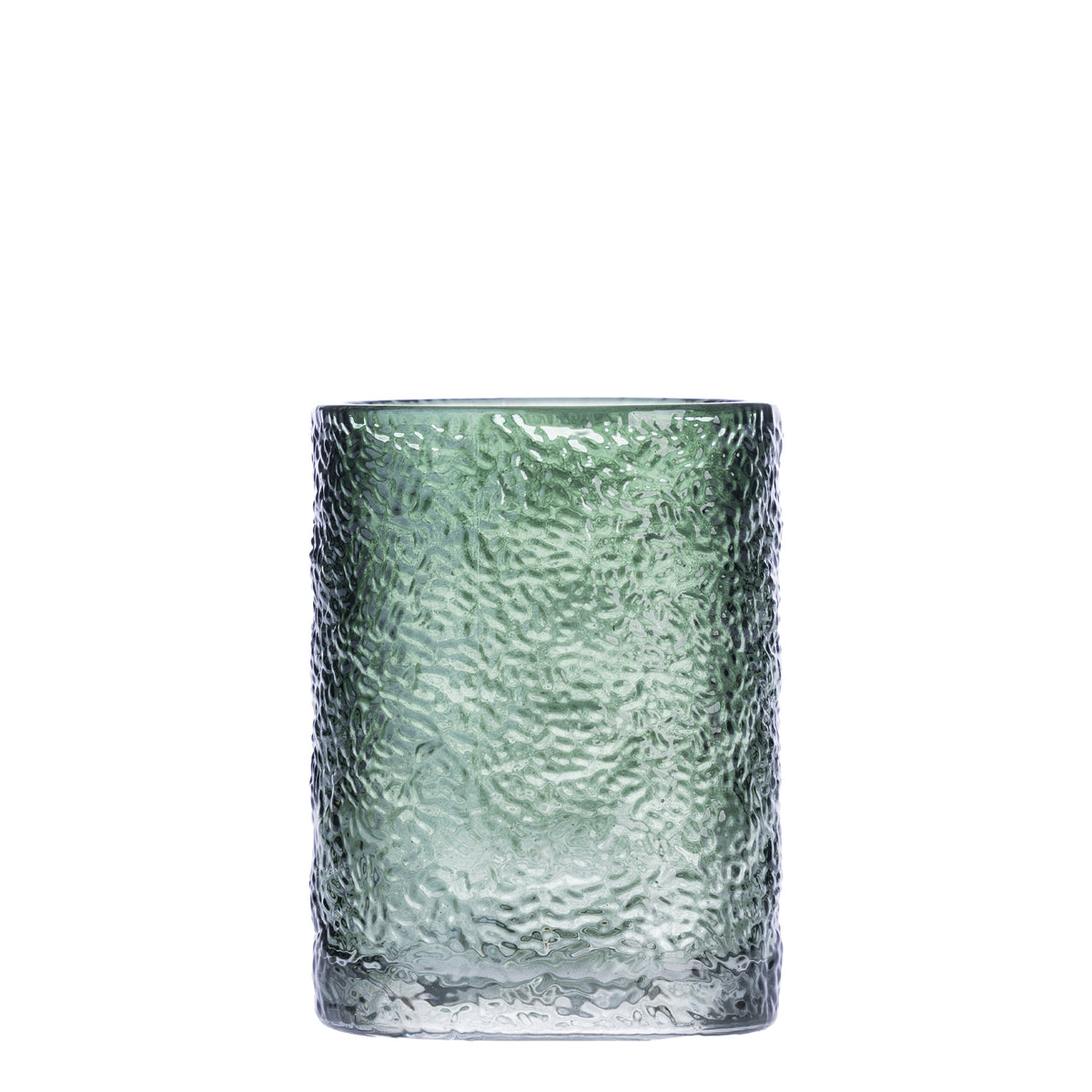 Design Republique Ginny Textured Glass Tumbler in green, featuring a cylindrical shape and textured glass finish against a white background.