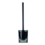Design Republique Ginny Textured Glass Toilet Brush Holder in green, featuring a cylindrical glass holder with a black toilet brush and long handle against a white background.