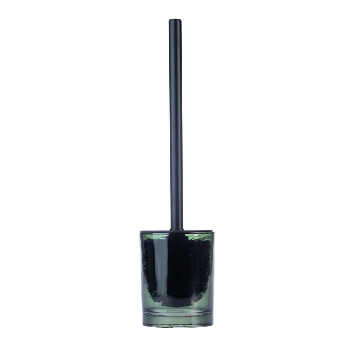 Design Republique Ginny Textured Glass Toilet Brush Holder in green, featuring a cylindrical glass holder with a black toilet brush and long handle against a white background.