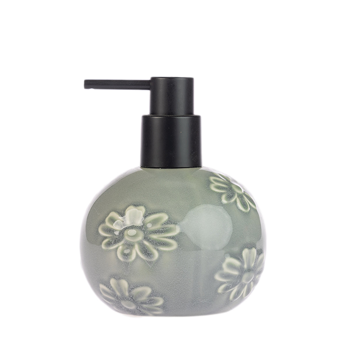 Gracious Living Vera Floral Soap Dispenser in Sea Mist, featuring a rounded glazed ceramic design with raised floral detailing and a black pump.