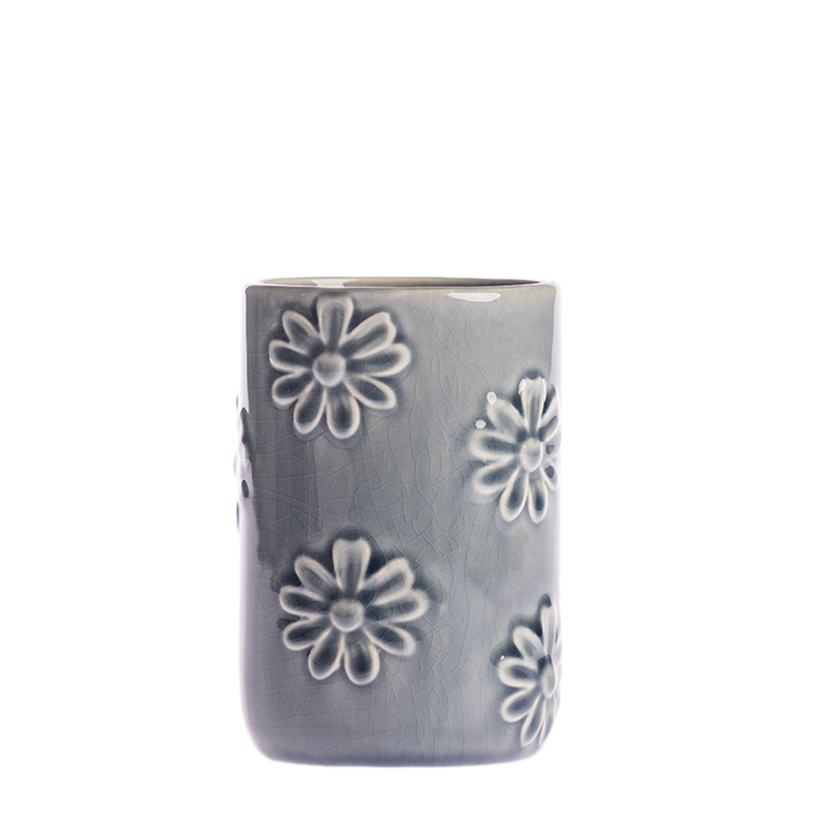 Gracious Living Vera Floral Tumbler in Denim, featuring a glazed ceramic finish with raised floral detailing.