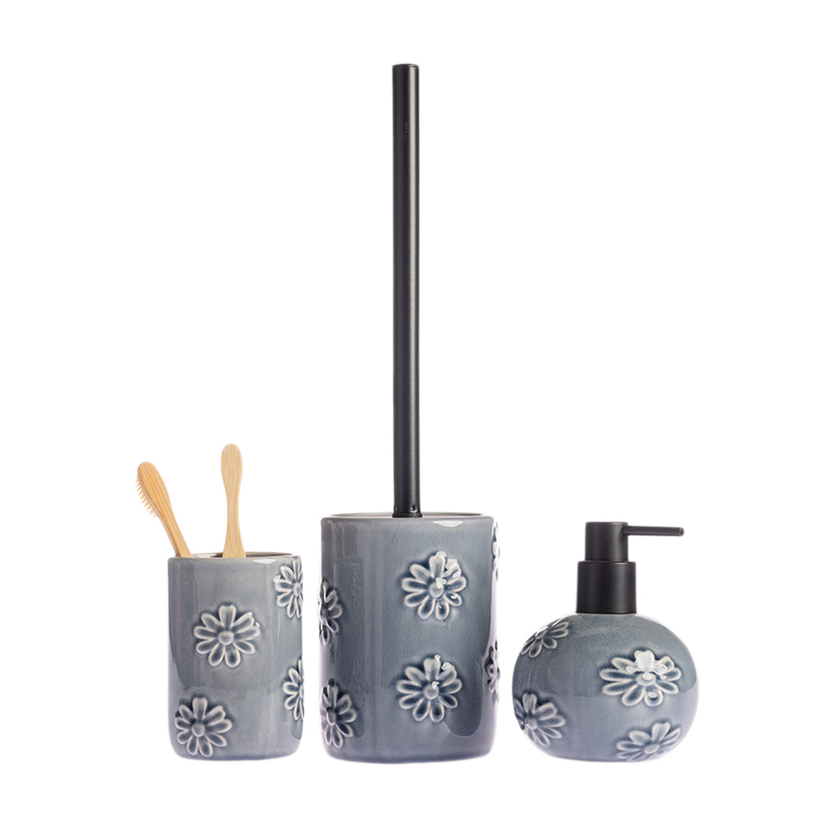 Gracious Living Vera Floral bathroom accessories in Denim, including a tumbler, toilet brush holder and soap dispenser with raised floral detailing.
