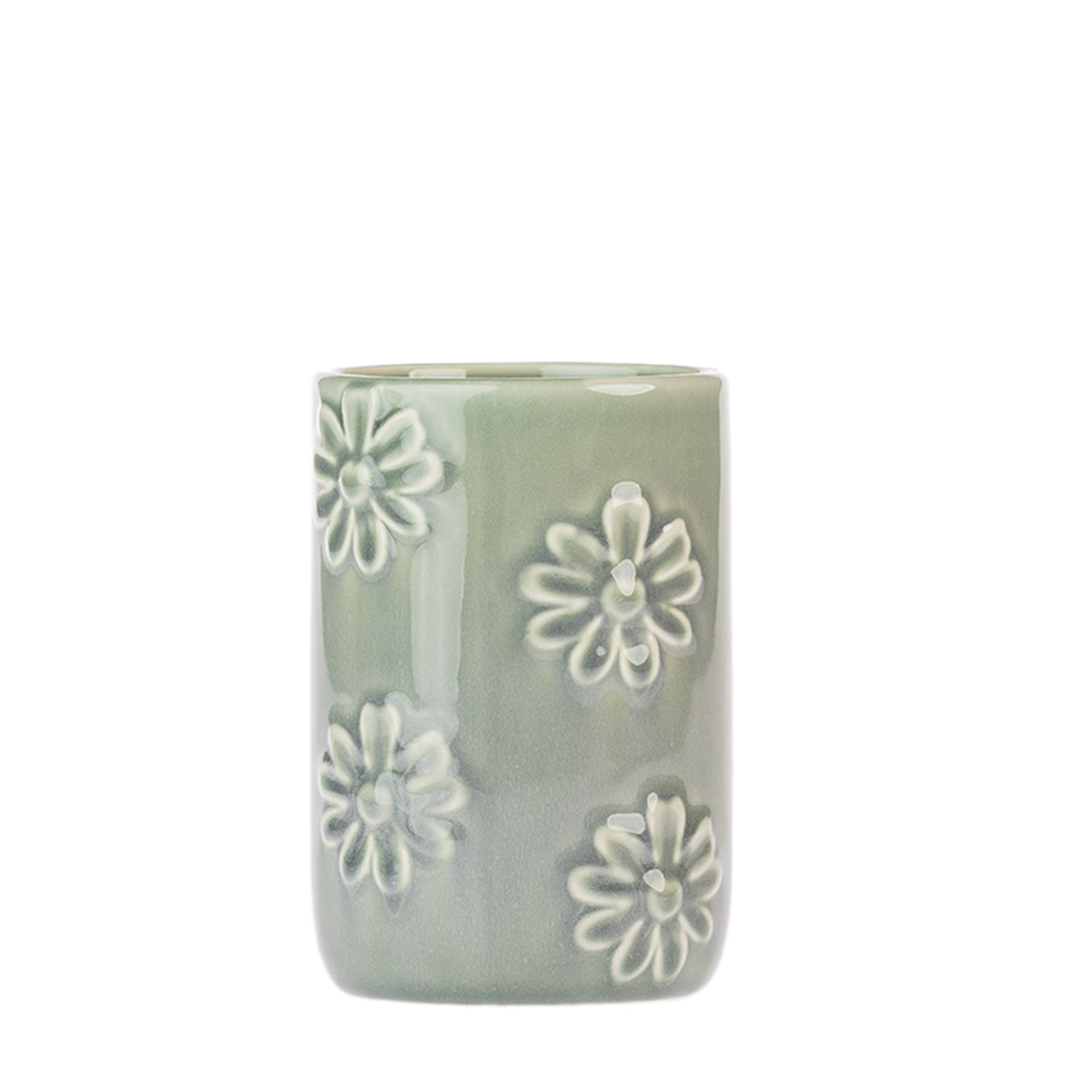 Gracious Living Vera Floral Tumbler in Sea Mist, featuring a glazed ceramic finish with raised floral detailing.