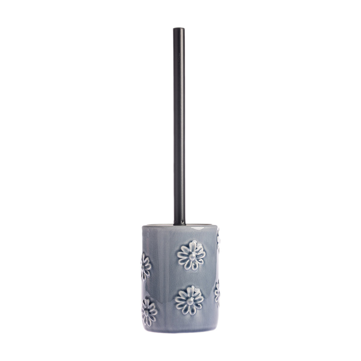 Gracious Living Vera Floral bathroom accessories in Denim, including a toothbrush holder, toilet brush holder and soap dispenser with raised floral detailing.