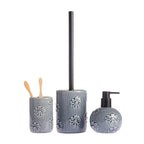 Gracious Living Vera Floral bathroom accessories in Denim, including a toothbrush holder, toilet brush holder and soap dispenser with raised floral detailing.