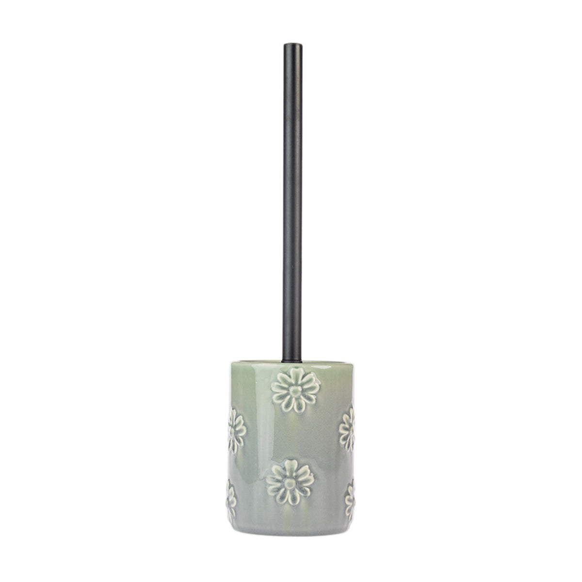 Gracious Living Vera Floral Toilet Brush Holder in Sea Mist, featuring a glazed ceramic holder with raised floral detailing and a black toilet brush handle.