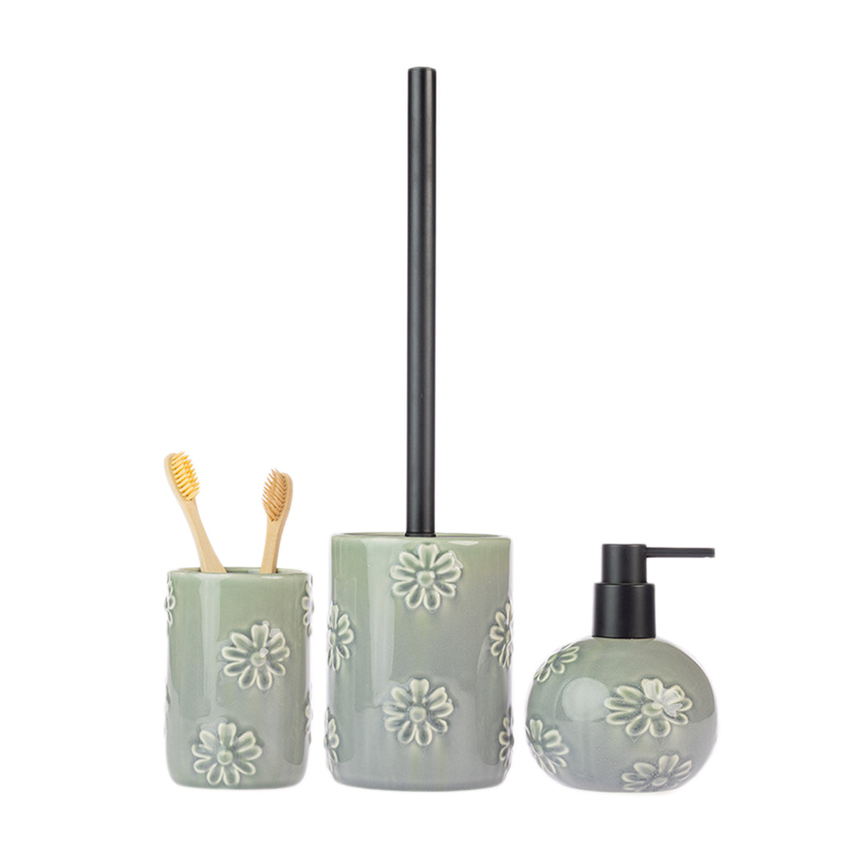 Gracious Living Vera Floral bathroom accessories in Sea Mist, including a toothbrush holder, toilet brush holder and soap dispenser with raised floral detailing.