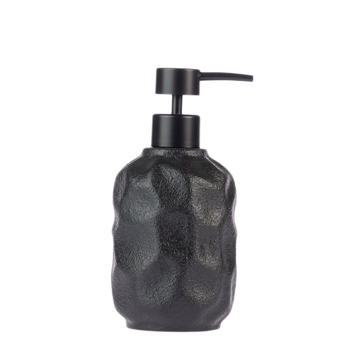 Design Republique Neva Ceramic Soap Dispenser in Black, featuring a textured faceted finish with a matte black pump.