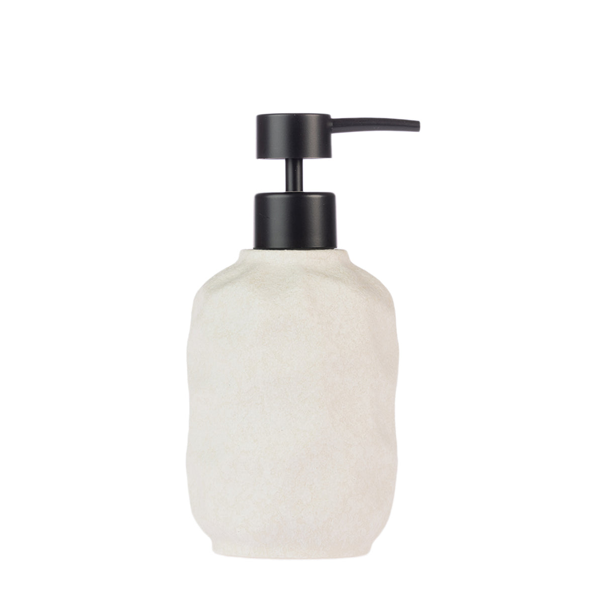 Design Republique Neva Ceramic Soap Dispenser in Ivory, featuring a softly textured finish with a contrasting matte black pump.Design Republique Neva Ceramic Soap Dispenser in Ivory, featuring a softly textured finish with a contrasting matte black pump.