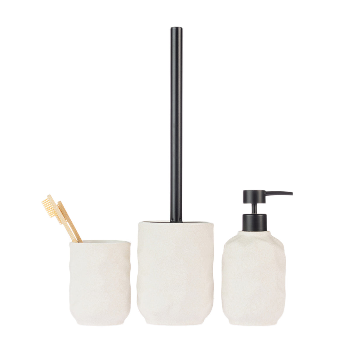 Design Republique Neva bathroom accessories in Ivory, including a tumbler, toilet brush holder and soap dispenser with a softly textured finish.