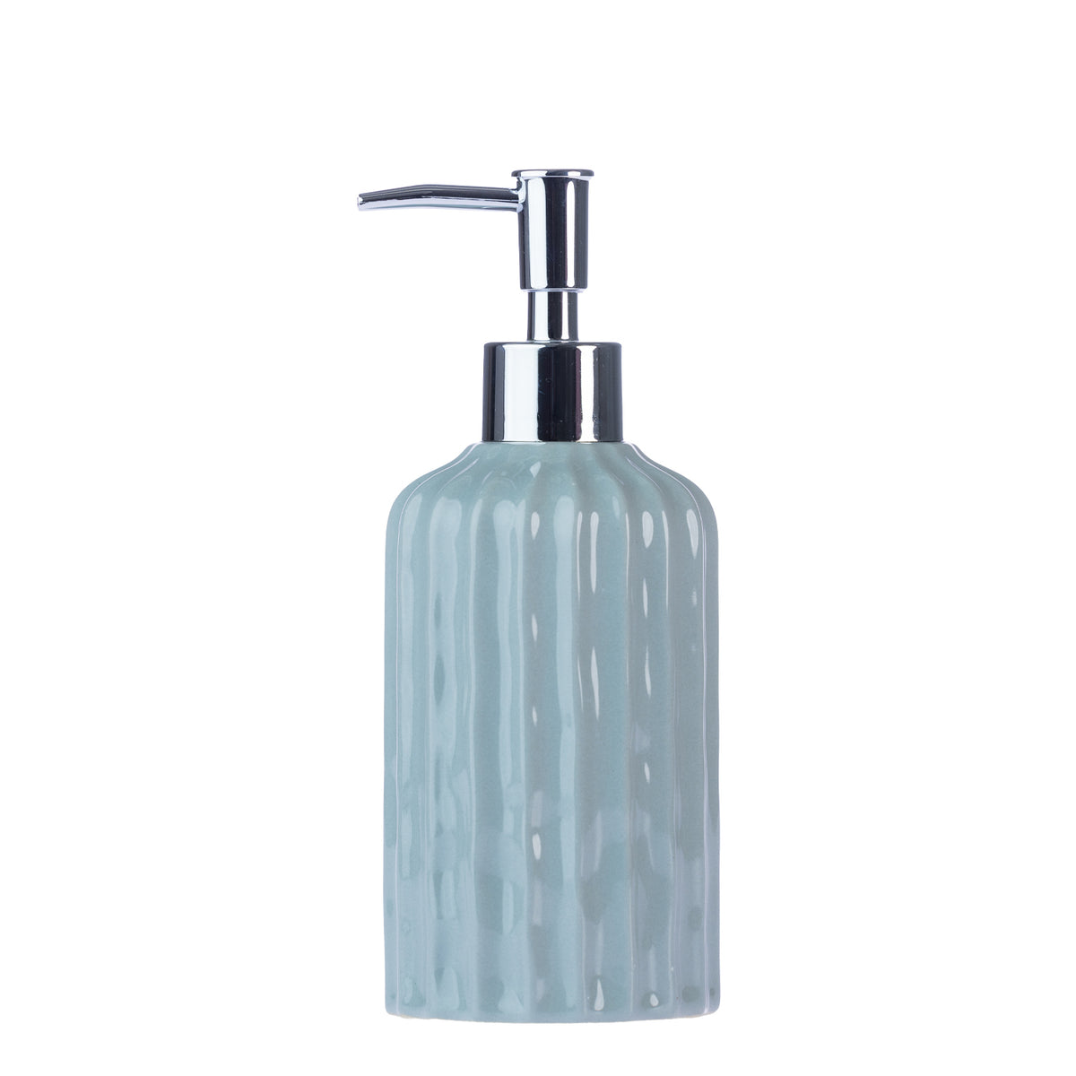 Design Republique Blake Soap Dispenser in Sea Mist, featuring a glossy light blue textured finish and chrome pump on a white background.
