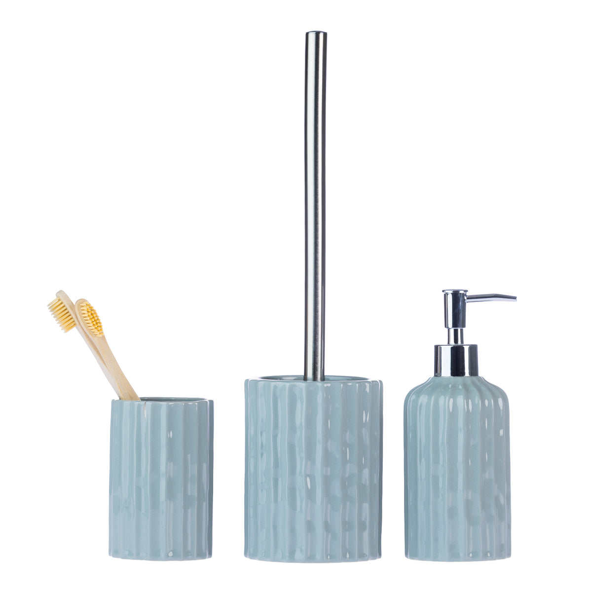 Design Republique Blake Bathroom Accessories in Sea Mist, featuring a textured toothbrush holder, toilet brush holder and soap dispenser with chrome detailing on a white background.