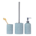 Design Republique Blake Bathroom Accessories in Sea Mist, featuring a matching toothbrush holder, toilet brush holder and soap dispenser with a glossy light blue textured finish and chrome detailing.