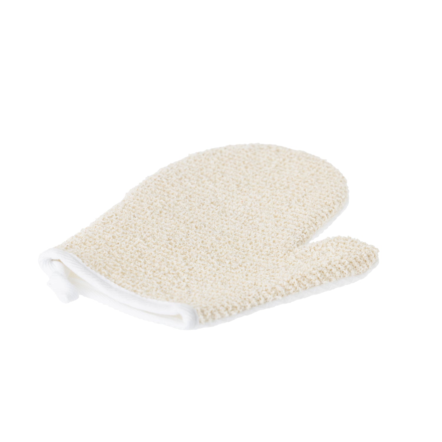 Natural exfoliating bath mitt in a textured waffle weave with white trim, displayed on a white background.