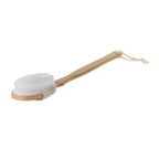 A wooden brush with white bristles and a long wooden handle. With a drawstring  on a white background