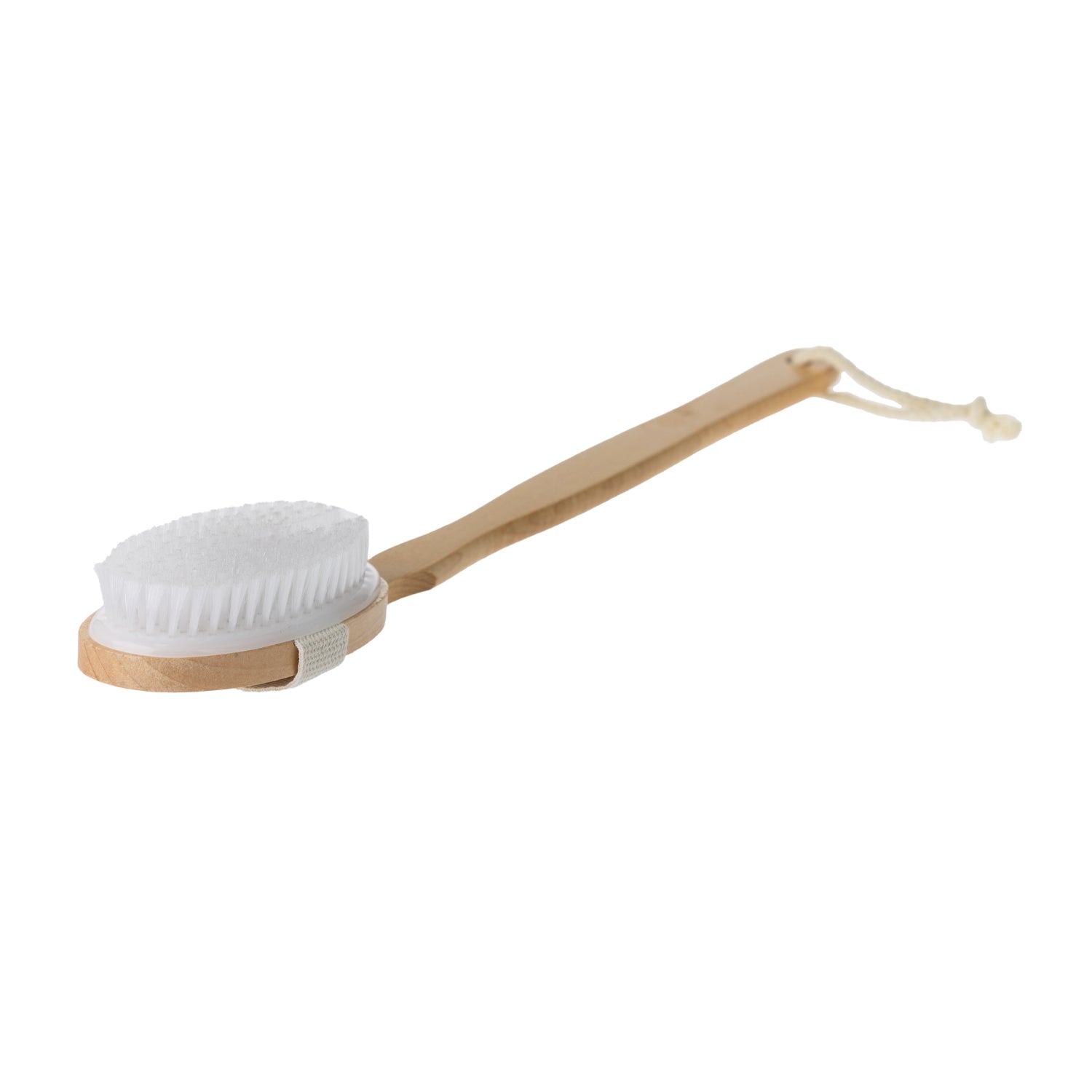A wooden brush with white bristles and a long wooden handle. With a drawstring  on a white background