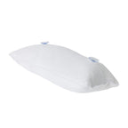 A white textured cervical pillow with two small blue valve caps on top, shown on a plain white background.