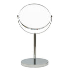 A chrome-finished dual-view vanity mirror with a round base and an adjustable stand, shown on a plain white background.