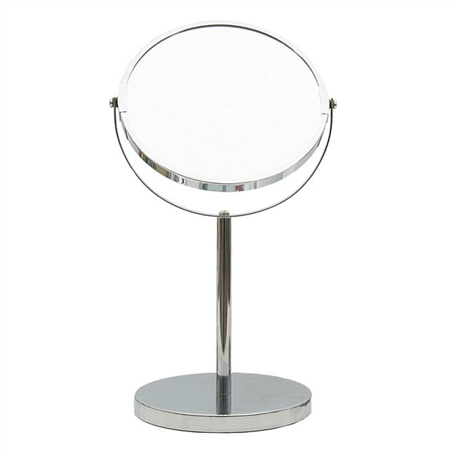 A chrome-finished dual-view vanity mirror with a round base and an adjustable stand, shown on a plain white background.