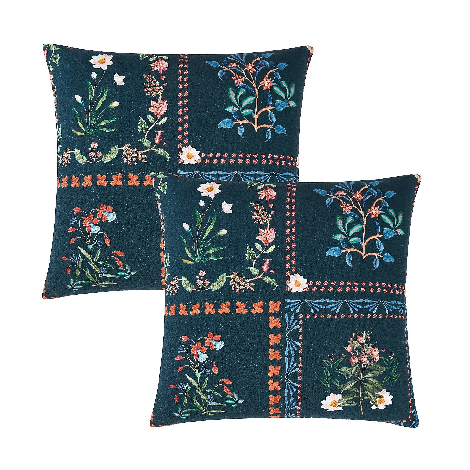 Two decorative pillowcases with floral pattern on a white background