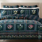 Floral patterned bedding set on a bed with a beige headboard.