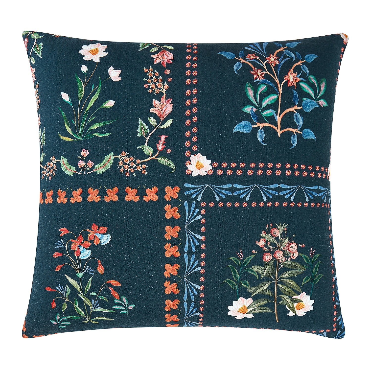 Decorative pillowcase with floral pattern on a dark blue background