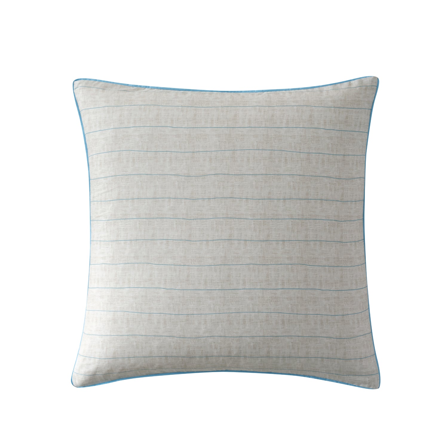 A European pillow in a light beige cotton fabric with thin horizontal blue stripes and a matching blue piped edge, shown on a solid white background.