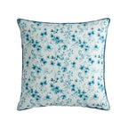 A european pillow featuring a delicate blue floral and vine pattern on a white background, finished with a dark blue piped edge.