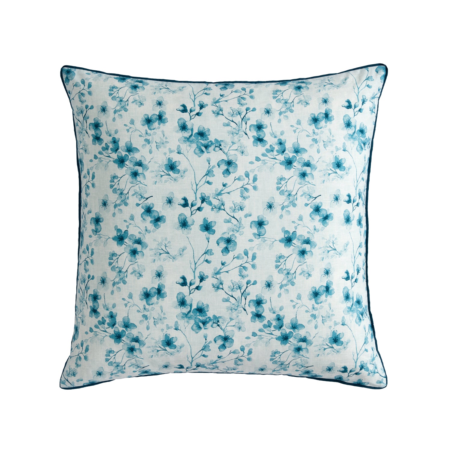 A european pillow featuring a delicate blue floral and vine pattern on a white background, finished with a dark blue piped edge.