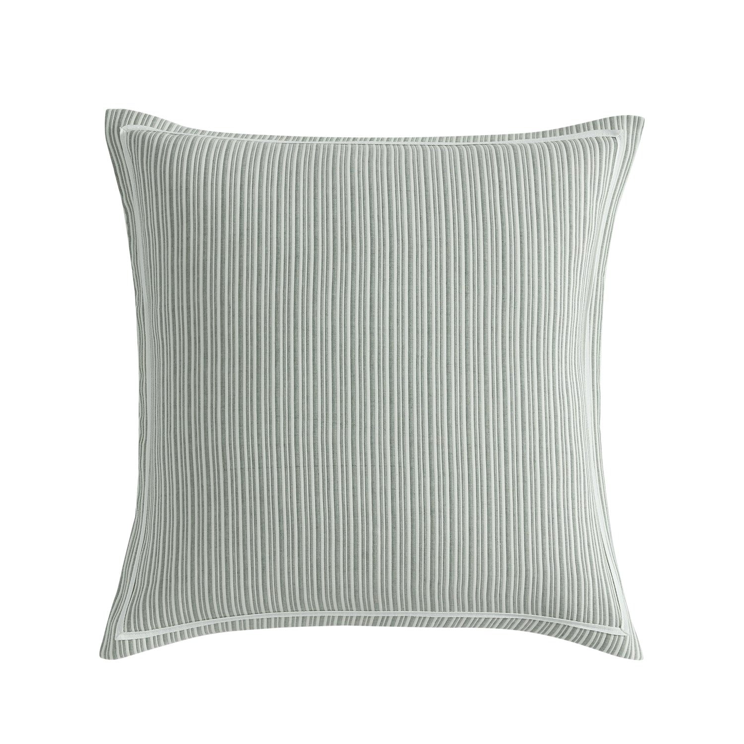 A square throw pillow with a vertical stripe pattern in sage green and white, shown against a plain white background.