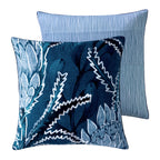 Logan & Mason Willa 100% Cotton European Pillowcase in Blue featuring a bold navy botanical print with white and soft blue detailing, shown alongside its contrasting blue striped reverse.
