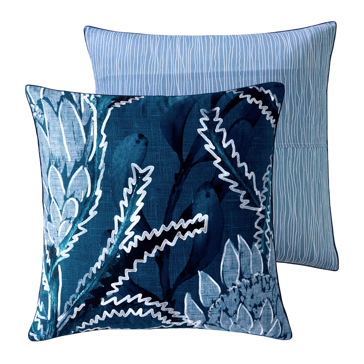 Logan & Mason Willa 100% Cotton European Pillowcase in Blue featuring a bold navy botanical print with white and soft blue detailing, shown alongside its contrasting blue striped reverse.
