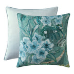 Logan & Mason Lila Surf 100% Cotton European Pillowcase in Green featuring a tropical floral and foliage print in shades of teal, green and blue, shown with its pale blue striped reverse.