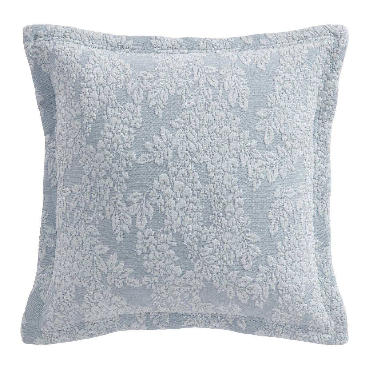Private Collection Garden Veil 100% Cotton Jacquard European Pillowcase in Chambray featuring a textured white floral pattern on soft blue fabric against a white background.