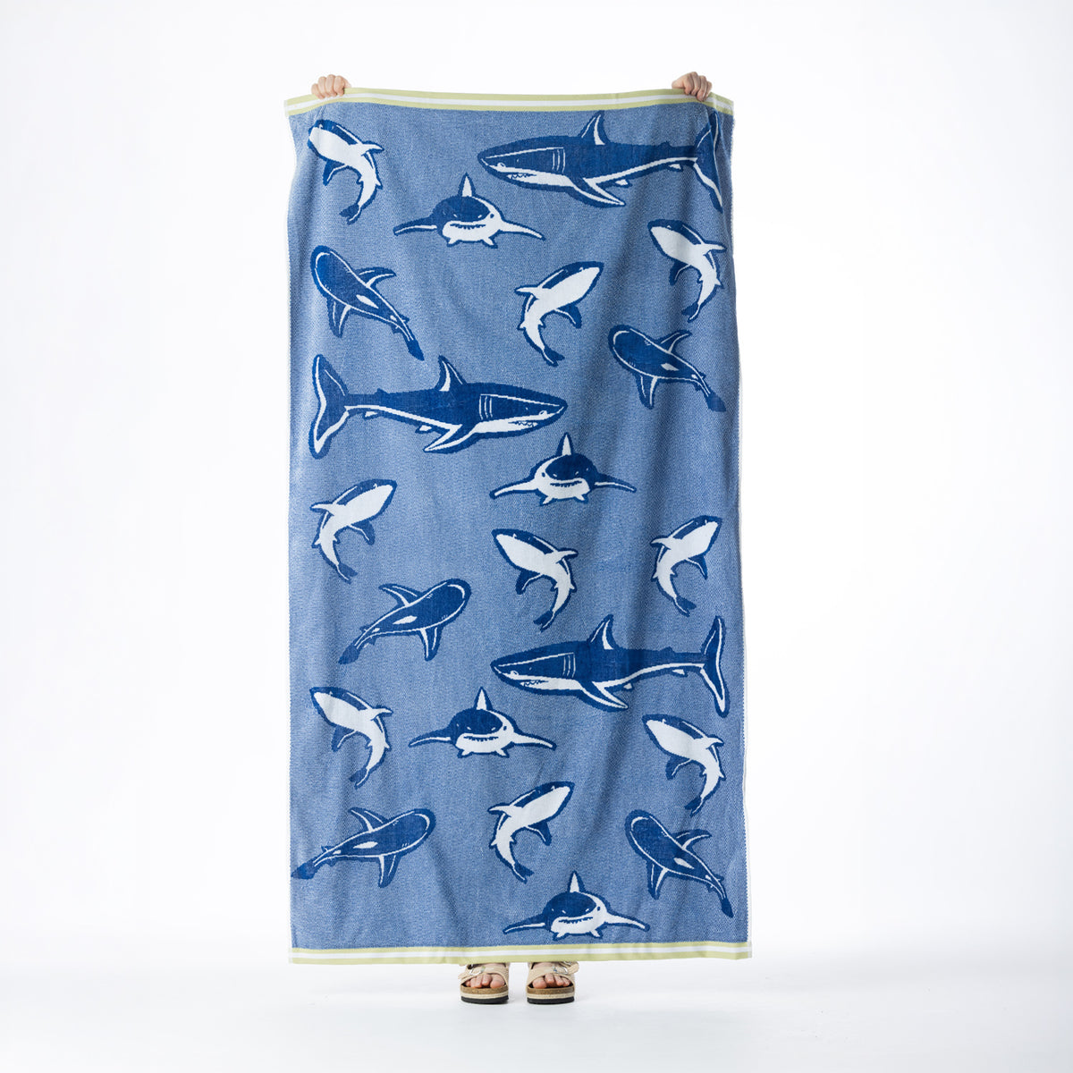 Blue beach towel featuring an all-over navy and white shark design with striped border detailing, held up against a white background.