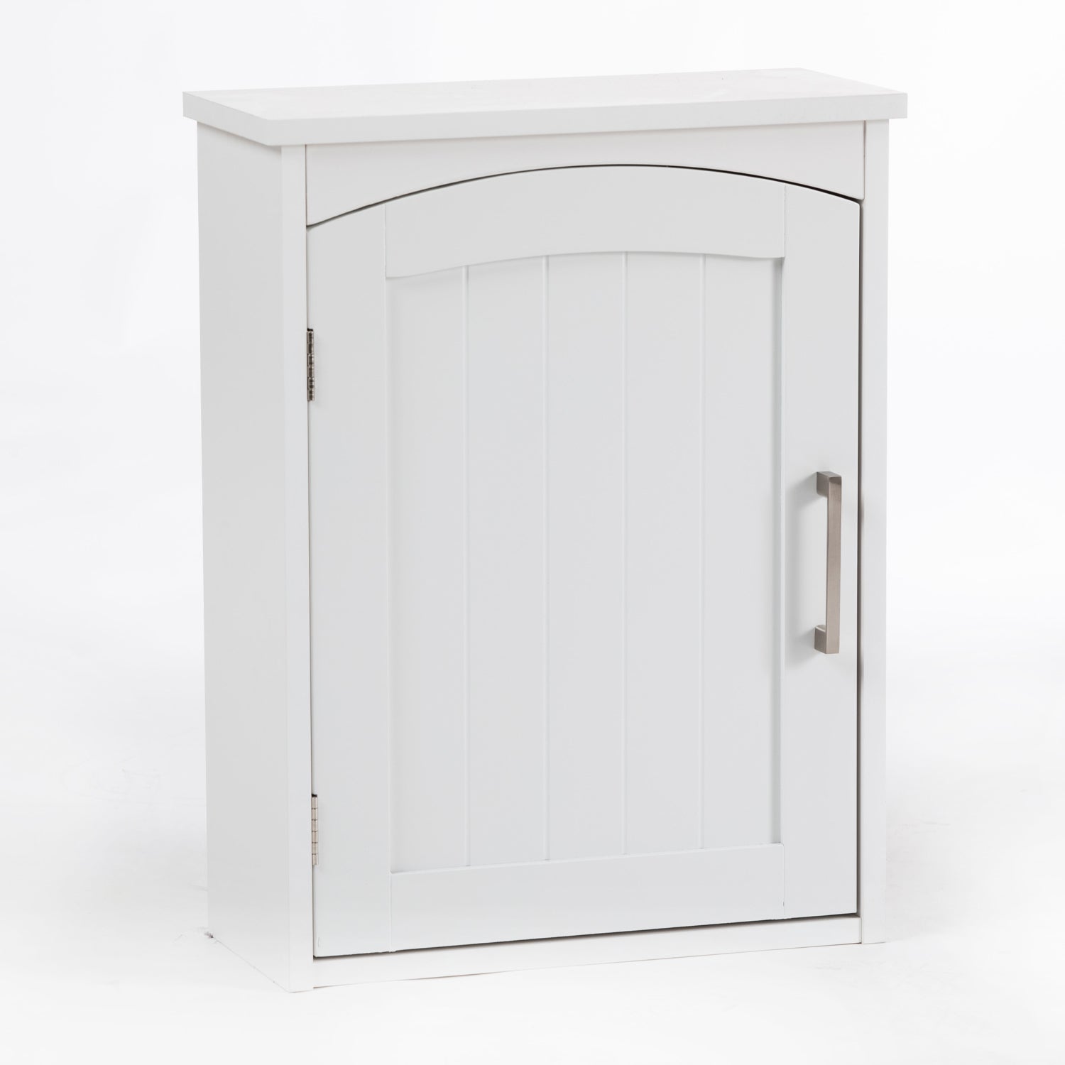A white single-door bathroom cabinet with a classic paneled design, curved detailing, and a brushed metal handle is displayed against a clean white background.