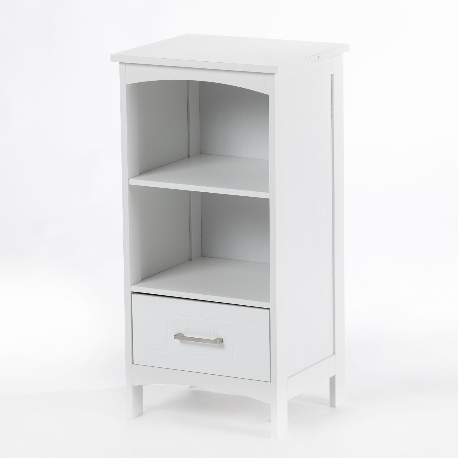 A white bathroom storage unit with two open shelves, a lower drawer, and a clean, classic design offers practical storage with a timeless look.