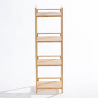 A freestanding four-tier bamboo shelving unit with open slatted shelves offers a simple, natural storage solution for bathrooms.