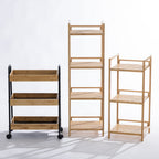 Three versatile bamboo storage pieces—a rolling trolley, a four-tier shelf, and a three-tier shelf—are displayed side by side, offering coordinated natural storage solutions for every room in the home.