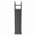 Grey freestanding toilet roll holder with enclosed cupboard and top roll holder on a white background.