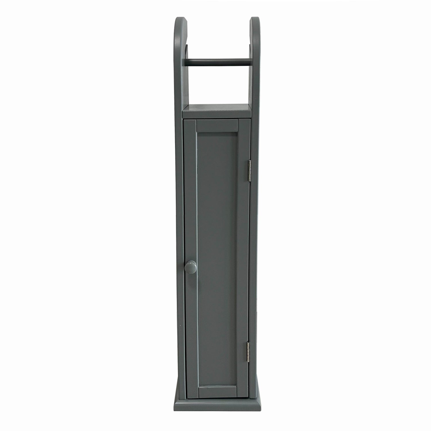 Grey freestanding toilet roll holder with enclosed cupboard and top roll holder on a white background.
