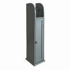 Grey freestanding toilet roll holder with enclosed cupboard and top roll holder on a white background.