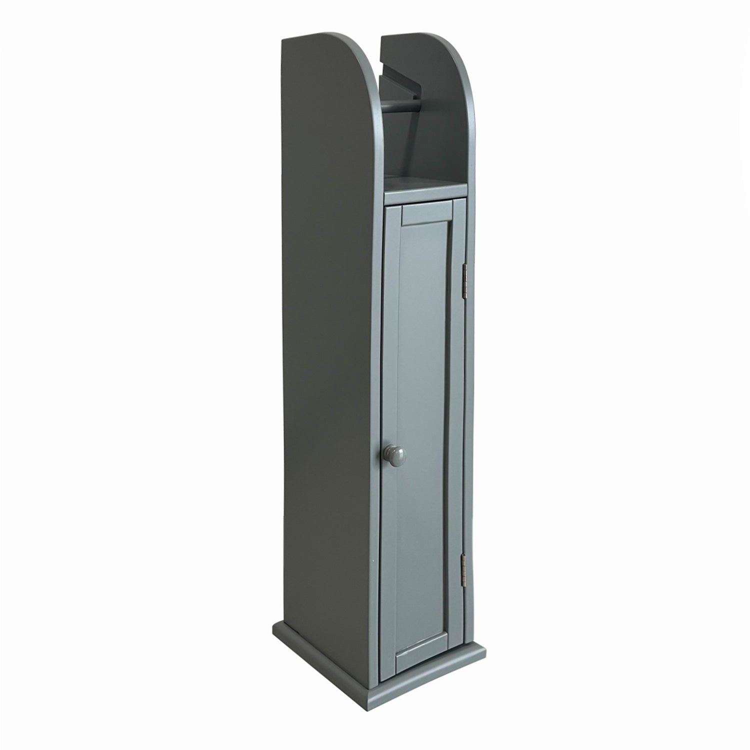 Grey freestanding toilet roll holder with enclosed cupboard and top roll holder on a white background.